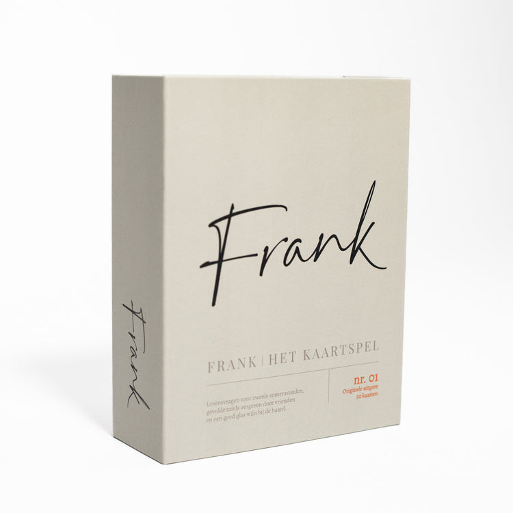 FRANK HET KAARTSPEL vragen spel met 50 kaarten verpakking doosje schuin gefotografeerd